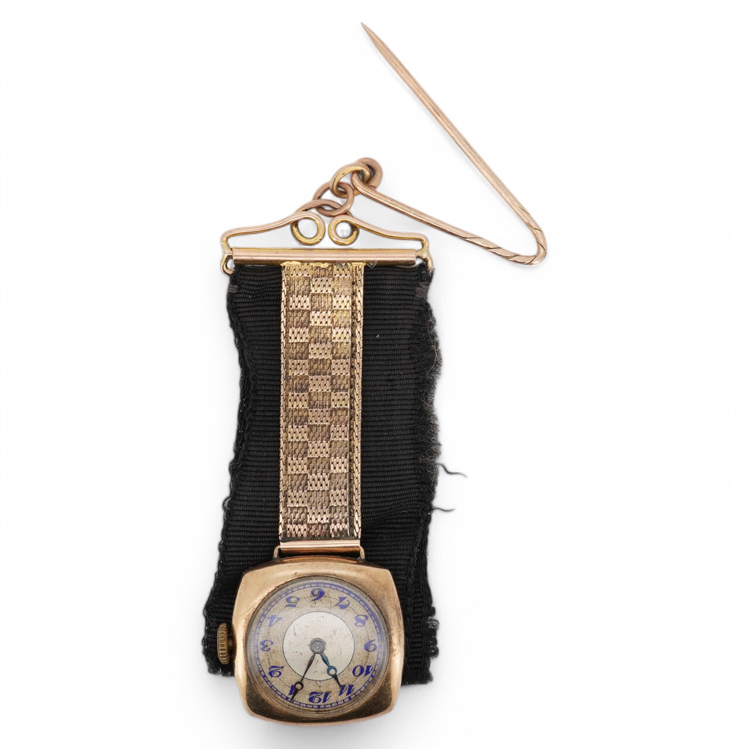 A lady's 9ct gold manual wind lapel watch, with blue enamelled Arabic dial and a 9ct mounted black sash suspension brooch, gross weight 15.5 grams. Condition poor to fair